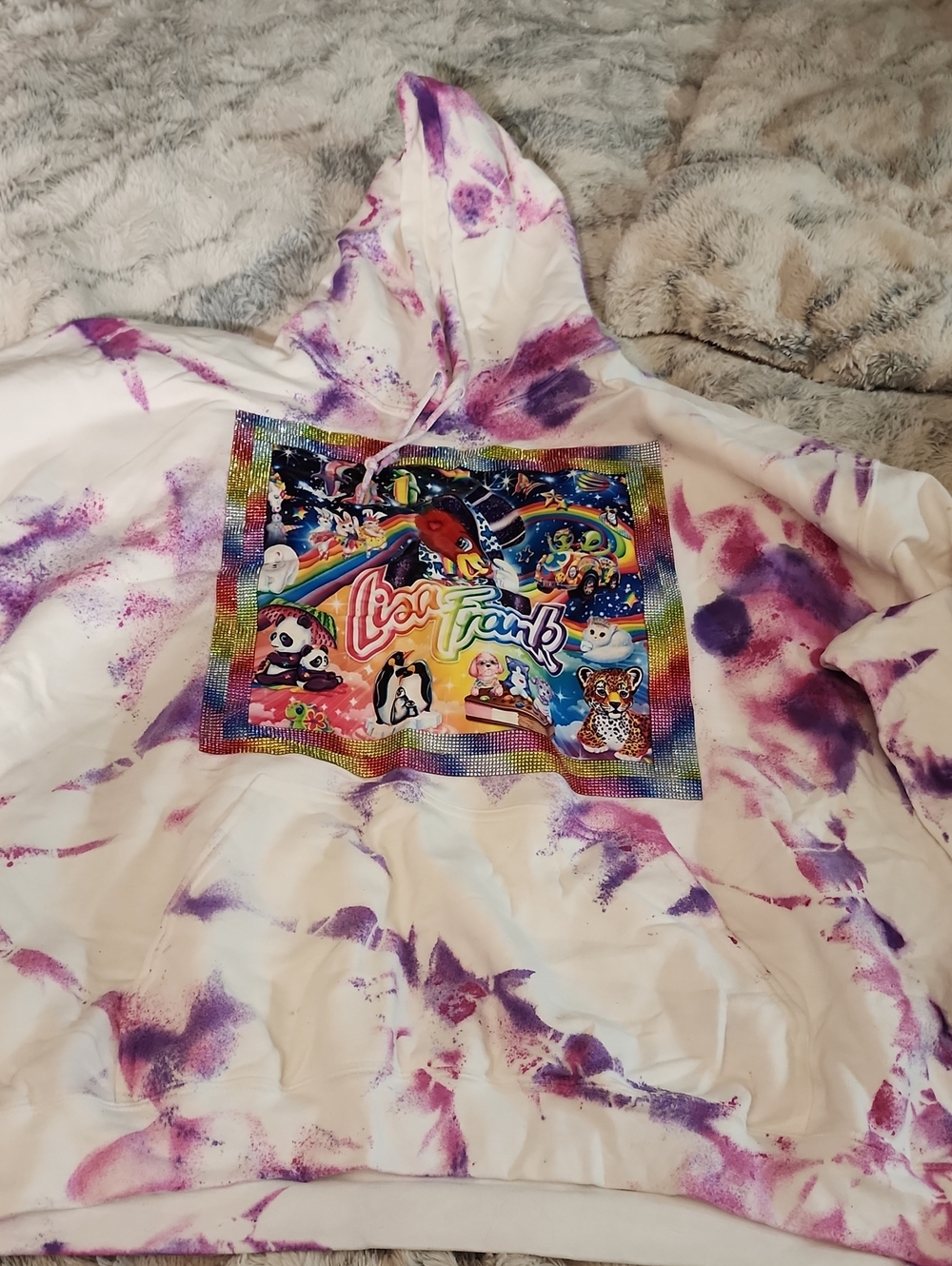 Lisa Frank White & Purple Tie-Dye Hoodie with Rainbow Graphic